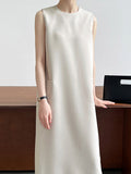 Momentlover Zipper Split-Back Solid Color Pockets Sleeveless Loose Round-Neck Midi Dresses