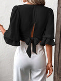 Momentlover Tied Solid Color Ruffled Hollow Elasticity Puff Sleeves Loose V-Neck Blouses&Shirts Tops