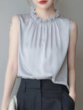 Momentlover Solid Color Ruffled Pleated Hollow Sleeveless Loose Stand Collar Vest Top