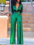 Momentlover High Waisted Three-Quarter Sleeves Shiny Solid Color Deep V-Neck Jumpsuits Bottoms