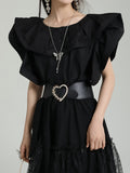 Momentlover Split-Joint Solid Color Pleated Falbala Short Sleeves Loose Round-Neck Blouses