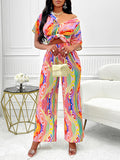 Momentlover Striped Lapel Loose Short Sleeves Buttoned Shirts Top + Elasticity Pants Bottom Two Pieces Set