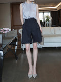 Momentlover Solid Color Ruffled Pleated Hollow Sleeveless Loose Stand Collar Vest Top