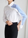 momentlover Long Sleeves Irregularity Striped Solid Contrast Color Lapel Collar Blouses