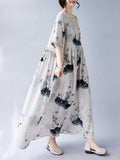 Momentlover Split-Joint Printed Pleated Short Sleeves Loose Round-neck Midi Dresses