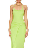 Momentlover Split-Side Split-Joint Solid Color Pleated Backless Sleeveless Skinny Halter-Neck Maxi Dresses