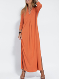 Momentlover Long Sleeves Loose Solid Color Split-Side V-Neck Maxi Dresses