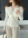 Momentlover Solid Color Knot Loose Long Sleeves V-Neck Sweater Tops Pullovers