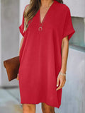 Momentlover Solid Color Short Sleeves Loose V-Neck Mini Dresses