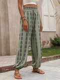 High Waisted Loose Drawstring Elasticity Pleated Printed Knickerbockers Pants Trousers