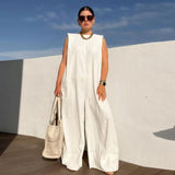 Momentlover Loose Short Sleeves Applique Embroidered Figure Round-Neck Jumpsuits