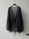 Momentlover Bishop Sleeve Long Sleeves See-Through Split-Joint Tied Collarless Blouses&Shirts Tops