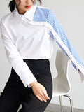 momentlover Long Sleeves Irregularity Striped Solid Contrast Color Lapel Collar Blouses