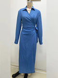 Momentlover Tied Solid Color Asymmetric Loose Long Sleeves V-Neck Maxi Dresses