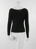 Momentlover Solid Color Asymmetric Skinny Long Sleeves Asymmetric Collar T-Shirts Tops
