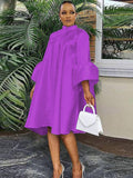 Momentlover Urban Buttoned Solid Color Stand Collar Flared Sleeve Loose Midi Dress