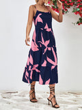 Momentlover Floral Printed Contrast Color Sleeveless Loose Spaghetti-Neck Midi Dresses