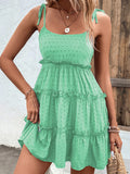 Momentlover A-Line High Waisted Backless Jacquard Solid Color Split-Joint Tied U-Neck Mini Dresses Slip Dress