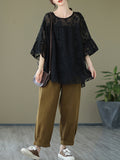 Momentlover Split-Joint See-Through Pleated Falbala Short Sleeves Loose Round-Neck T-Shirts