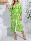 Momentlover Tied Waist Printed Elasticity Nine-Minute Sleeve High Waisted V-Neck Shirt Dress Midi Dresses
