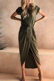 Momentlover Casual Solid Frenulum O Neck Irregular Dresses(6 Colors)