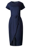 Momentlover Casual Solid Frenulum O Neck Irregular Dresses(6 Colors)
