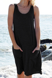 Momentlover Casual Solid Patchwork Pocket Basic O Neck Straight Dresses