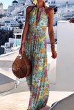 Momentlover Fashion Bohemian Print Patchwork Halter Pleated Dresses(4 Colors)