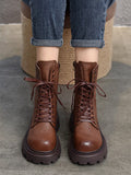 Momentlover Vintage Cow Leather Mid Heels Height Boots
