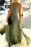 Momentlover Fashion Street Print Patchwork Halter Pleated Dresses
