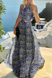 Momentlover Fashion Street Print Patchwork Halter Pleated Dresses
