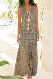 Momentlover Fashion Elegant Print Patchwork V Neck A Line Dresses