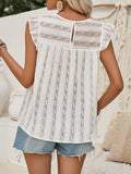Momentlover Split-Joint Solid Color See-Through Ruffle Trim Hollow Loose Cap Sleeve Round-neck Vest Top