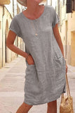 Momentlover Casual Solid Patchwork Pocket O Neck Short Sleeve Dress Dresses