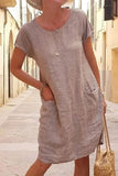 Momentlover Casual Solid Patchwork Pocket O Neck Short Sleeve Dress Dresses