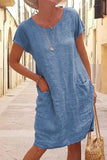 Momentlover Casual Solid Patchwork Pocket O Neck Short Sleeve Dress Dresses