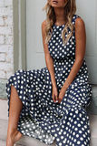 Momentlover Fashion Street Polka Dot Patchwork O Neck A Line Dresses(5 Colors)