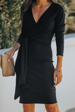 Momentlover Elegant Solid Patchwork Strap Design V Neck Pencil Skirt Dresses(5 Colors)
