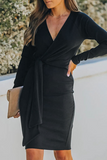 Momentlover Elegant Solid Patchwork Strap Design V Neck Pencil Skirt Dresses(5 Colors)