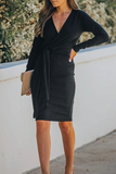 Momentlover Elegant Solid Patchwork Strap Design V Neck Pencil Skirt Dresses(5 Colors)