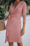 Momentlover Elegant Solid Patchwork Strap Design V Neck Pencil Skirt Dresses(5 Colors)
