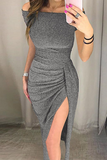 Momentlover Fashion Elegant Solid Slit Sequined Off the Shoulder Wrapped Skirt Dresses