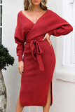 Momentlover Casual Elegant Solid Backless Slit Strap Design V Neck Pencil Skirt Dresses(5 Colors)
