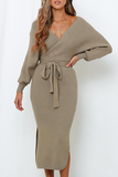 Momentlover Casual Elegant Solid Backless Slit Strap Design V Neck Pencil Skirt Dresses(5 Colors)