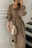 Momentlover Casual Elegant Solid Buckle With Belt Turtleneck Dresses