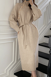 Momentlover Casual Elegant Solid Buckle With Belt Turtleneck Dresses