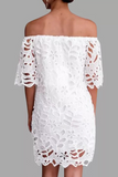 Momentlover Elegant Solid Lace Hollowed Out Off the Shoulder Dresses