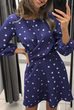 Momentlover Casual Polka Dot Patchwork Fold O Neck Waist Skirt Dresses(4 Colors)