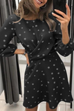 Momentlover Casual Polka Dot Patchwork Fold O Neck Waist Skirt Dresses(4 Colors)
