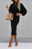 Momentlover Elegant Solid Patchwork Fold O Neck Waist Skirt Dresses